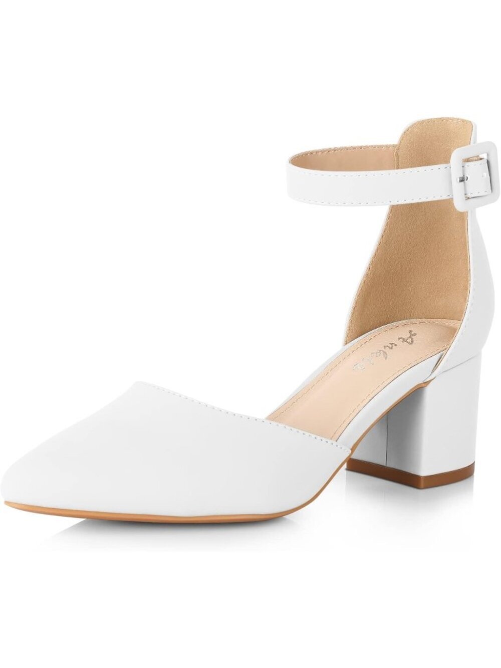 Ankis Women's White Pu Polyurethane Pointed Toe Low Block Chunky Heels 2.25 In